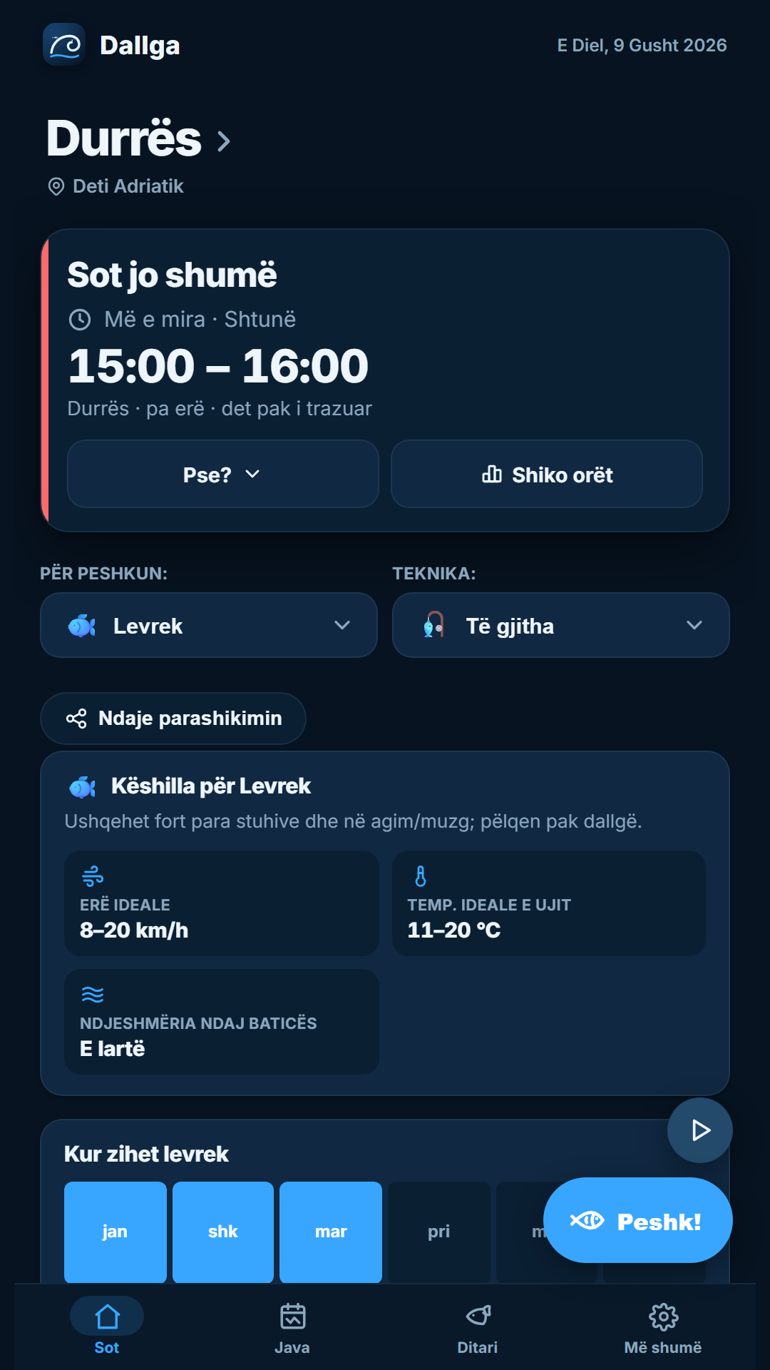 Pikëzimi për levrekun në Dallga, me këshillat e species: erë ideale, temperaturë uji dhe ndjeshmëri ndaj baticës
