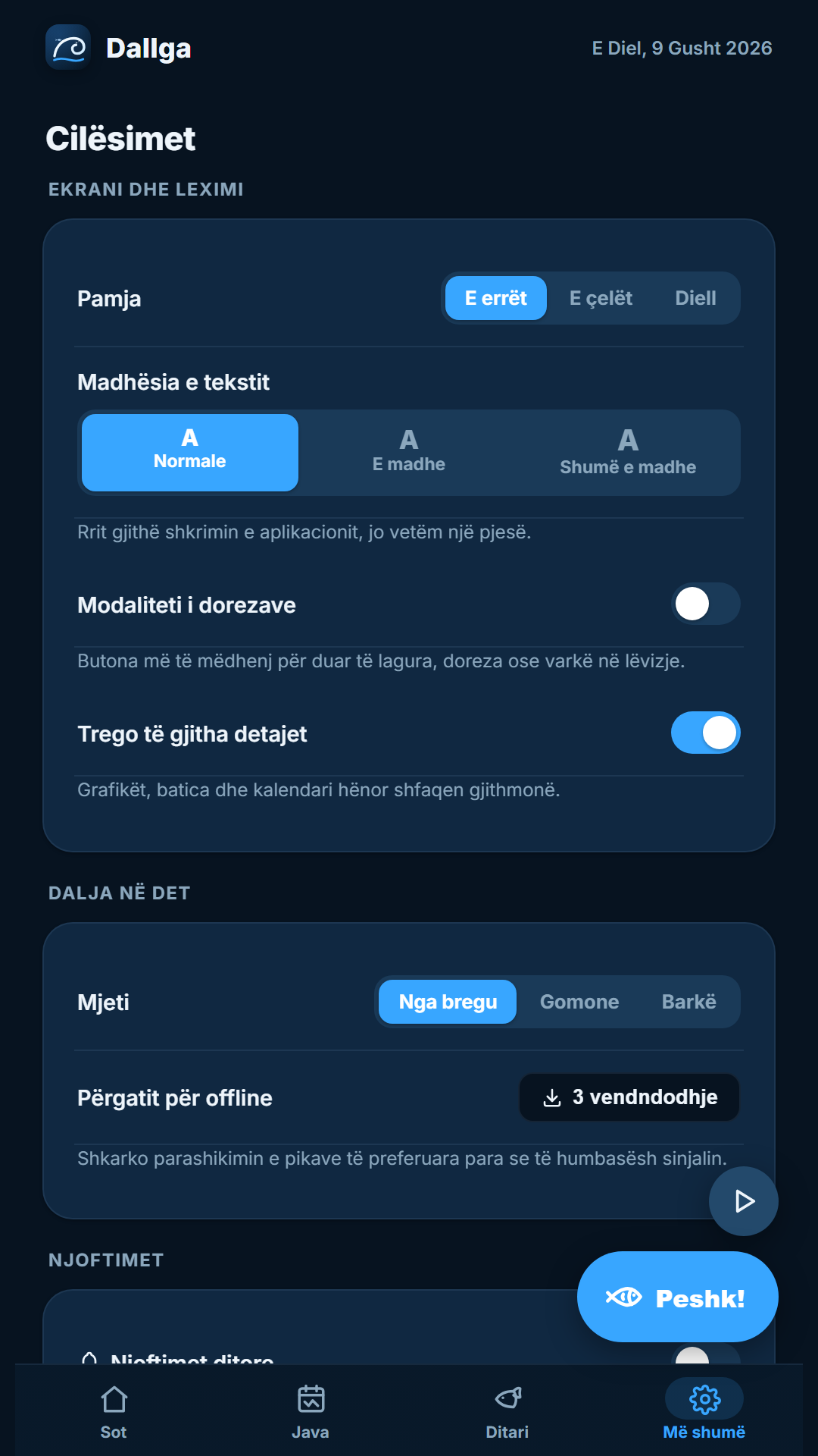 Cilësimet: tre gjuhë dhe njoftimet
